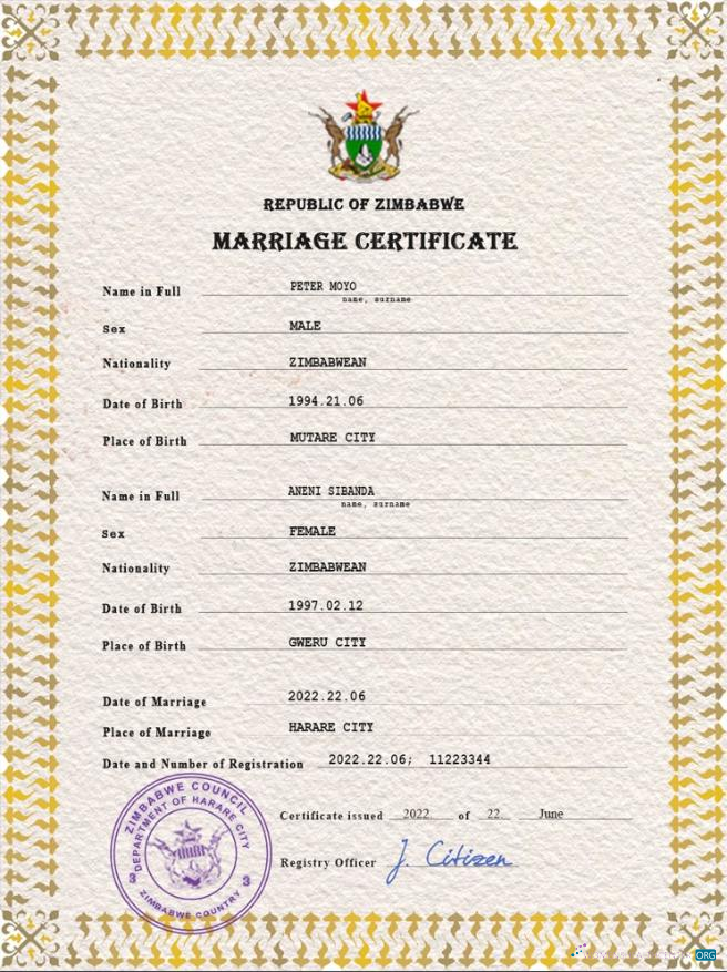 Download Zimbabwe marriage certificate PSD template Photoshop template
